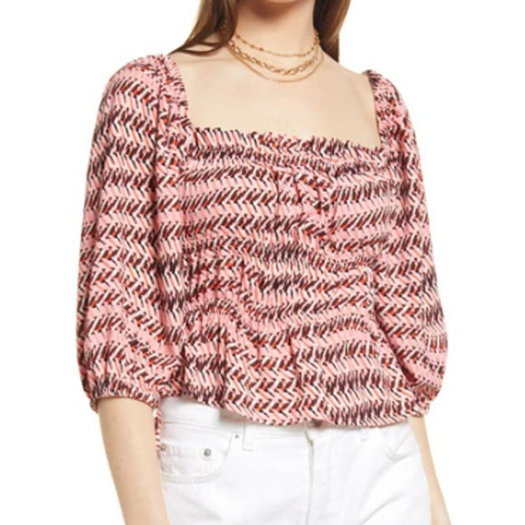 OPEN EDIT NORDSTROM ~ Geo Print Shirring Detail Square Neck Top STRETCHY M - Picture 2 of 10
